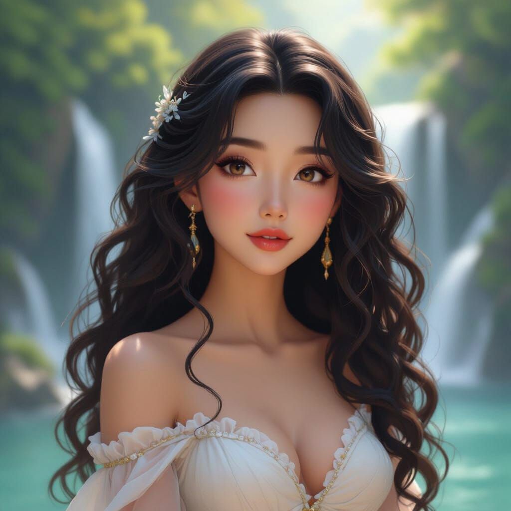 Asian Woman Gazes at Staubbach Falls in Anime Style