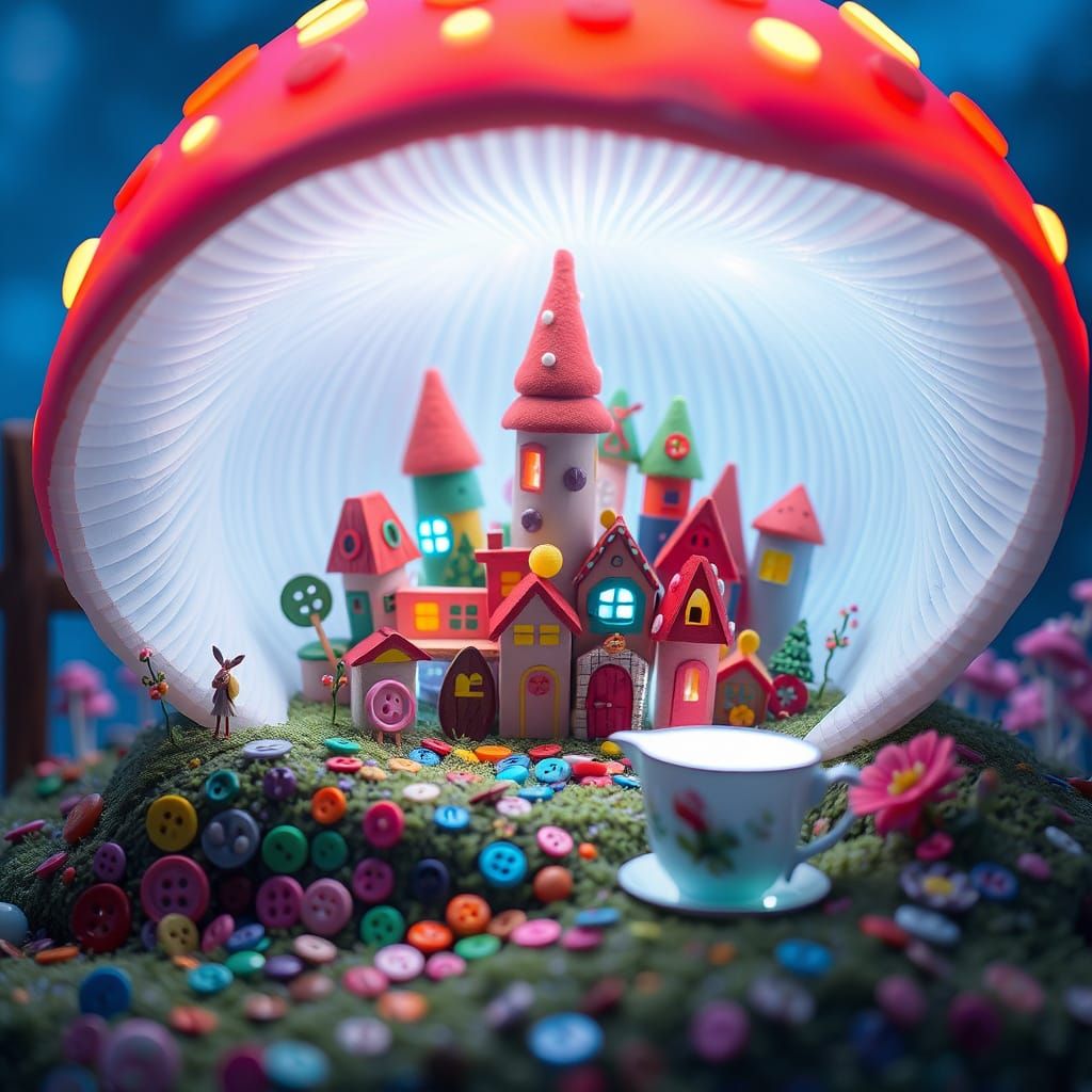 Enchanted Miniature Town Inside Bioluminescent Mushroom