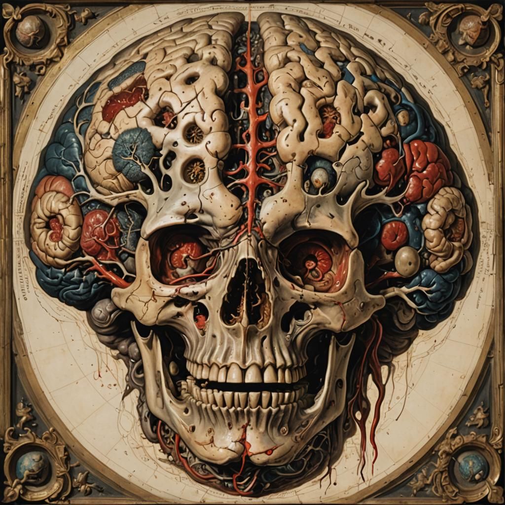 The lyrical abstracted 18th century atlas of a dissected parasitic brain rotting in a mix of resin casted gothic art,  b...