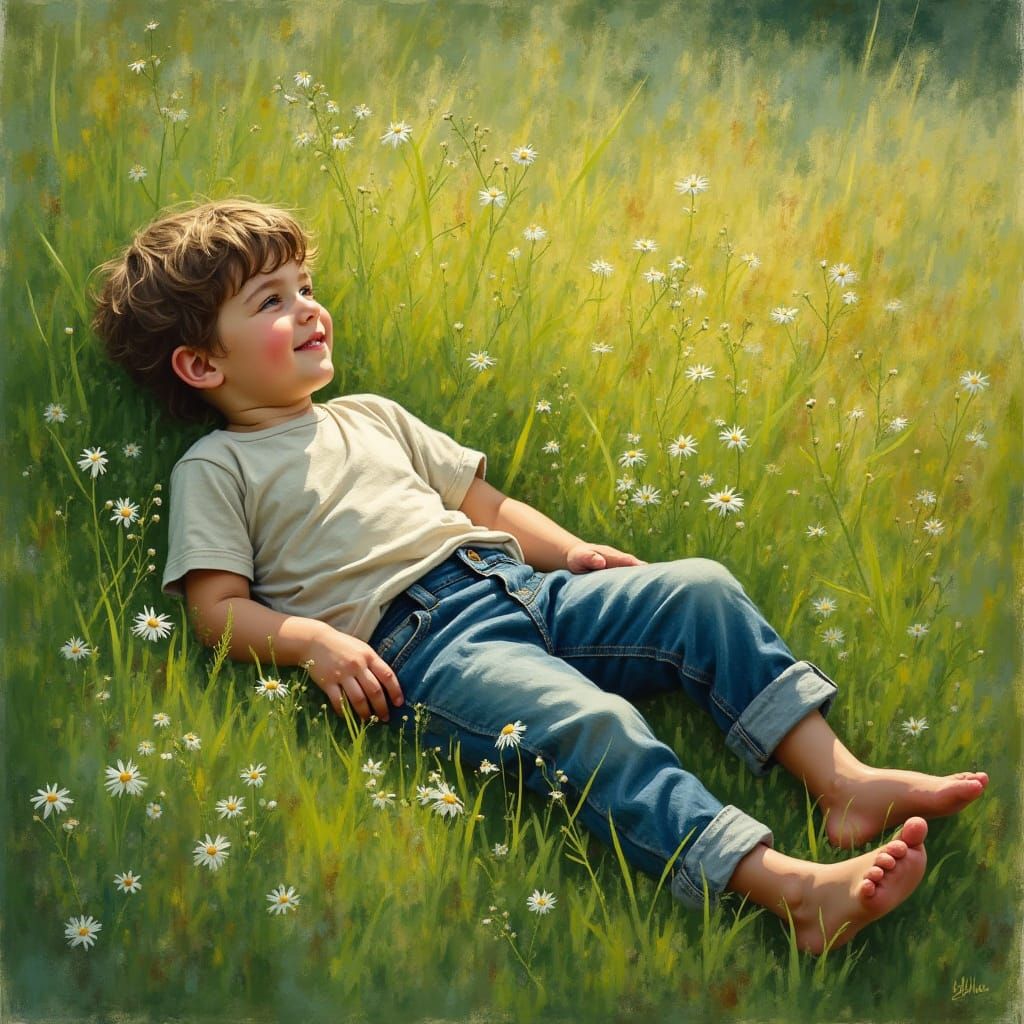 Barefoot Boy in Summer Meadow, Impressionistic Style