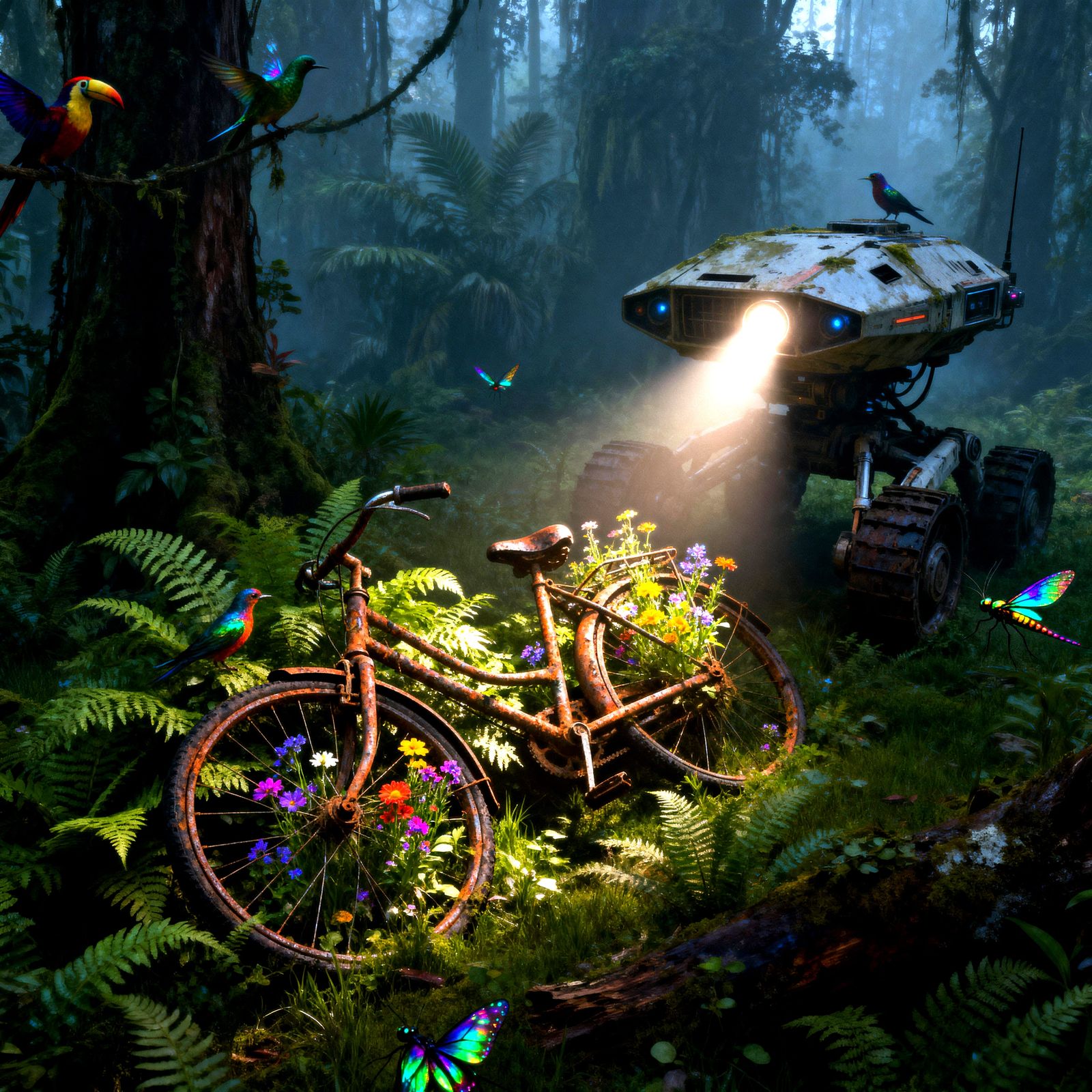 Alien Rover Discovers Rusted Bicycle in Misty Rainforest