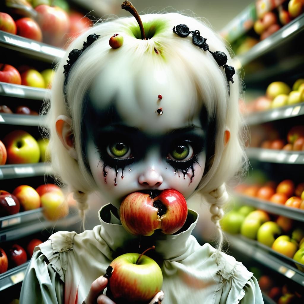 Eerie Apple-Faced Girl with Chibi Eyes