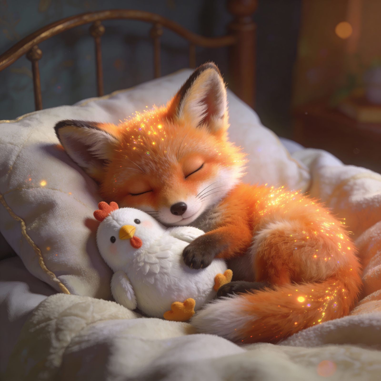 Cute Baby Fox Sleeping Peacefully with Plushie