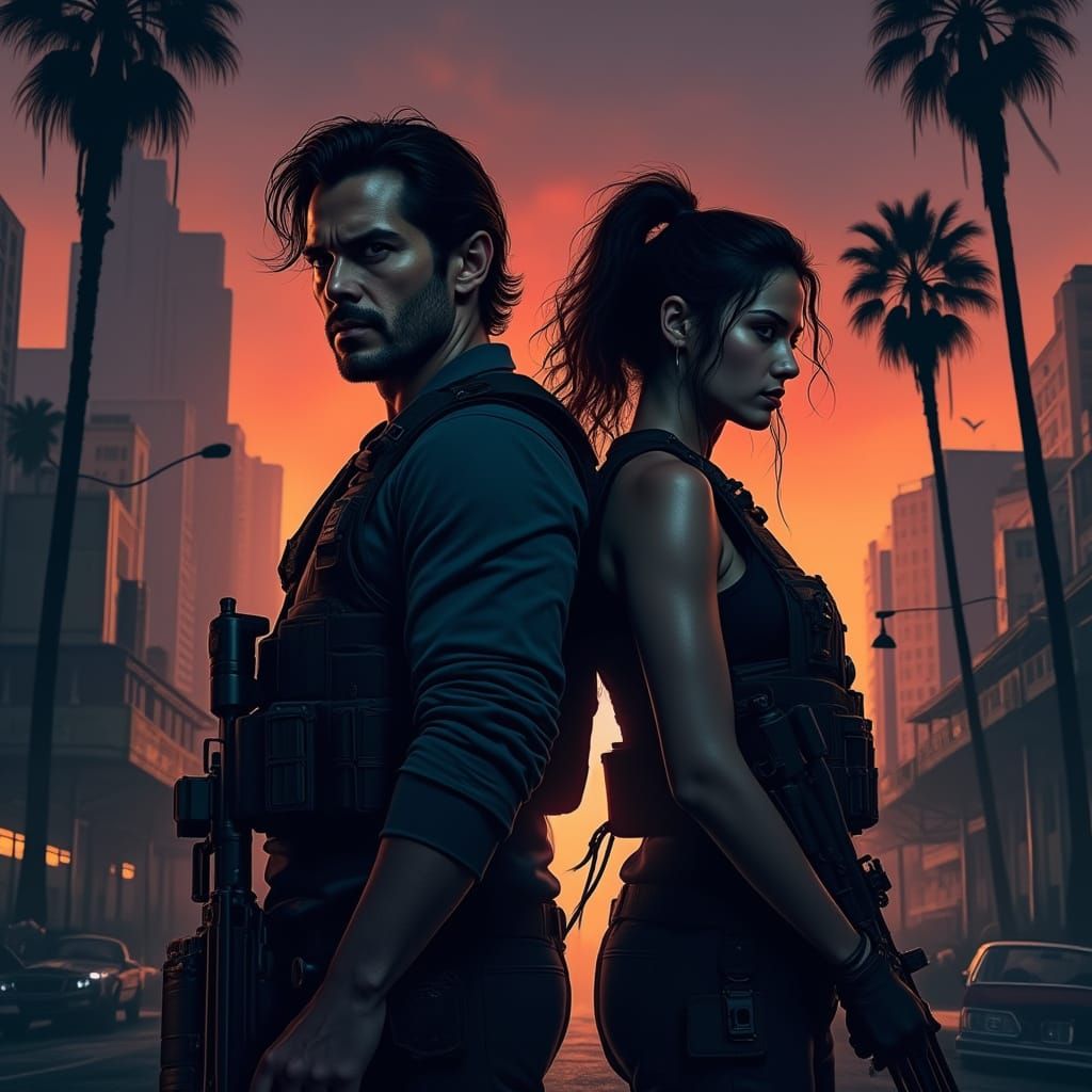 Tense Navy Seal and LAPD Detective Standoff in Dark Cityscap...