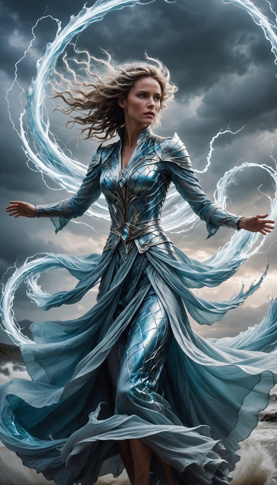 Wind Elemental Woman Conjures Storm Dragon in Hyperrealistic...