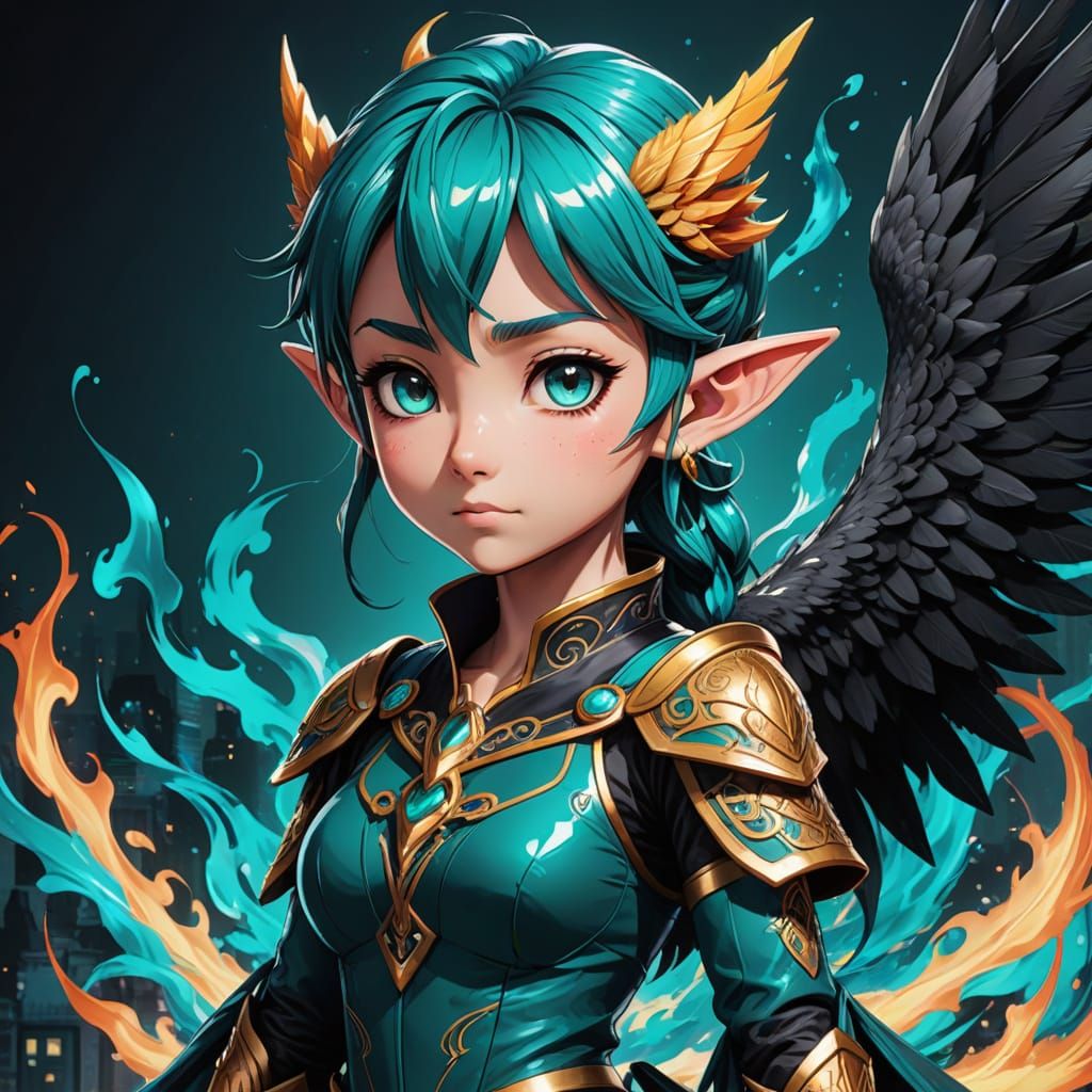 Vibrant Chibi Elf Phoenix with Teal Flames in Anime Style