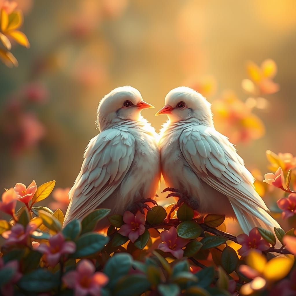 Tender Doves Embracing in a Lush, Golden Landscape