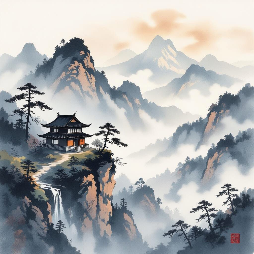 Sumi-e Painting of a Misty Mountain Chalet