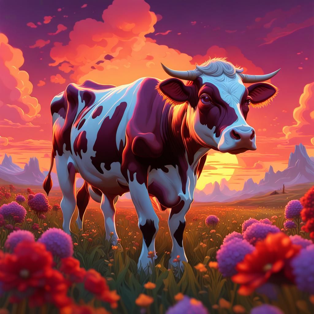 Cow Grazing in Sunset: Art Nouveau Masterpiece