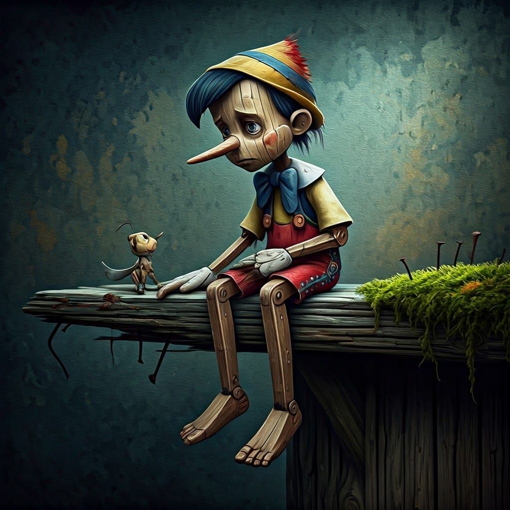 Weathered Pinocchio in Somber, Grunge Scene