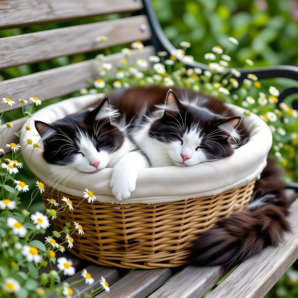 Tuxedo Cat's Chamomile Nap on Wooden Bench
