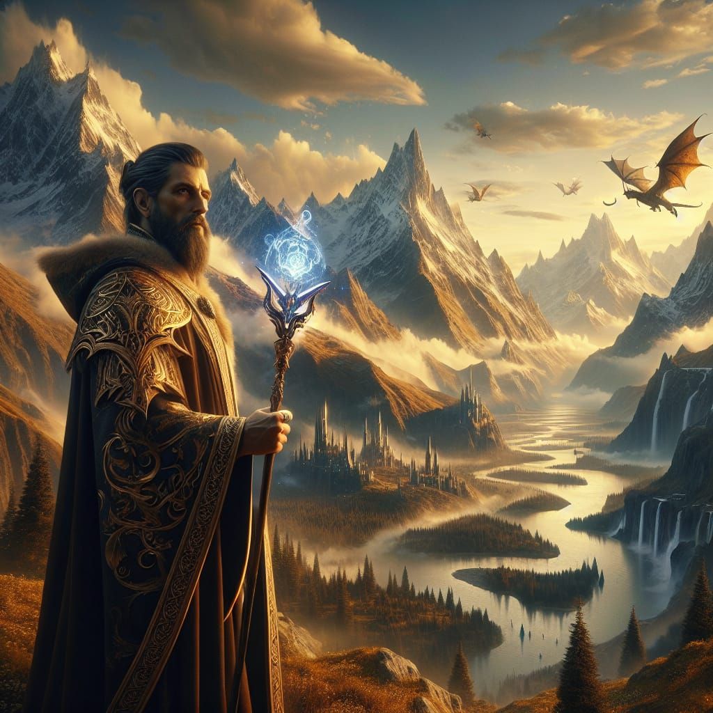 Fantasy Wizard Landscape with Dragons and Magic Staff