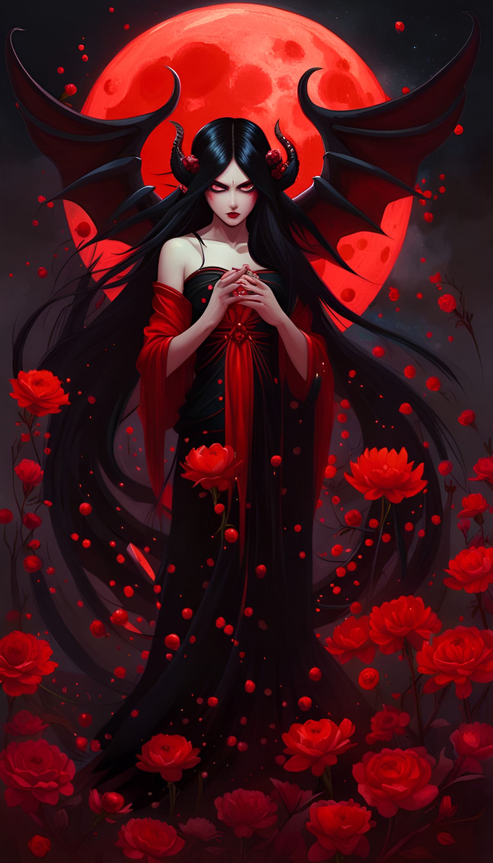 Demon Girl with Red Flowers, Tim Burton Style