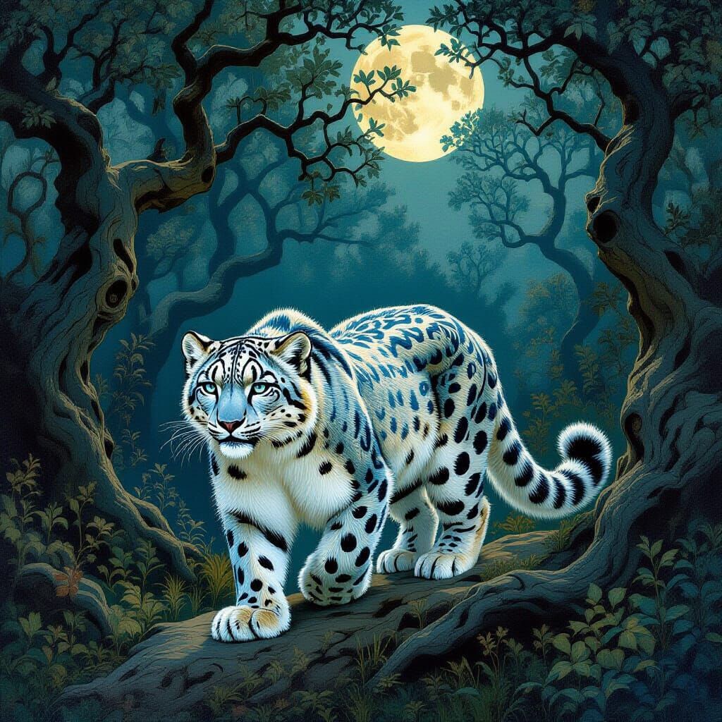 Snow Leopard in Moonlit Forest, Art Nouveau Style