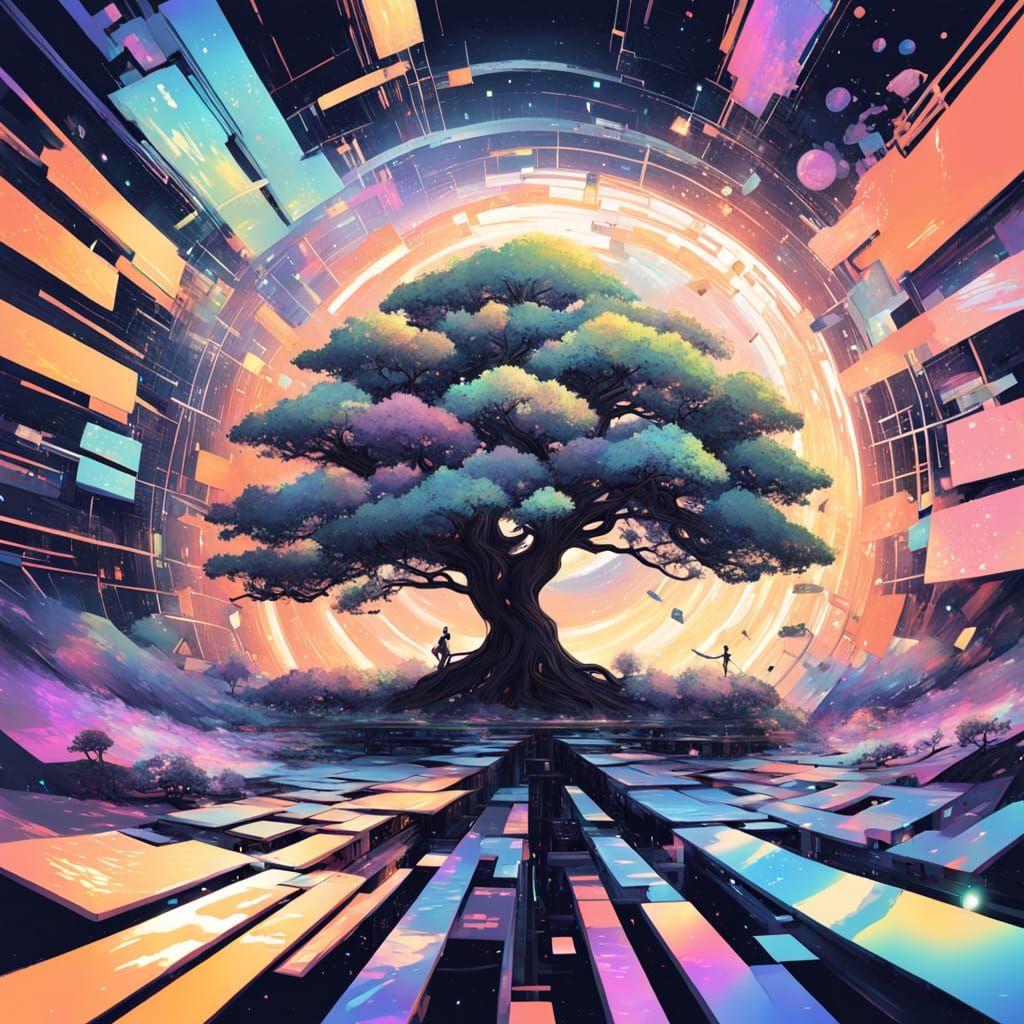Ethereal Sunset Landscape with Silhouetted Tree