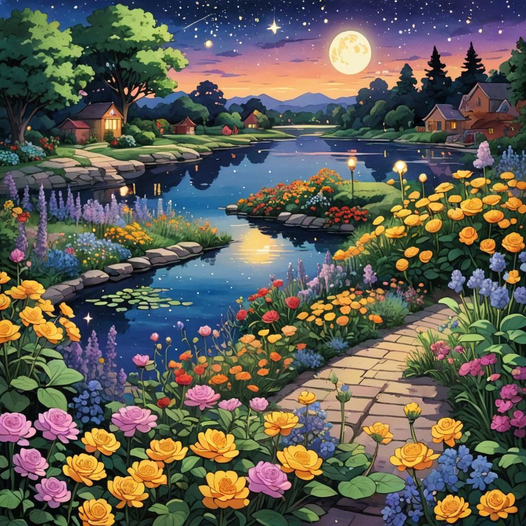 Night Garden of Roses in Anime Style