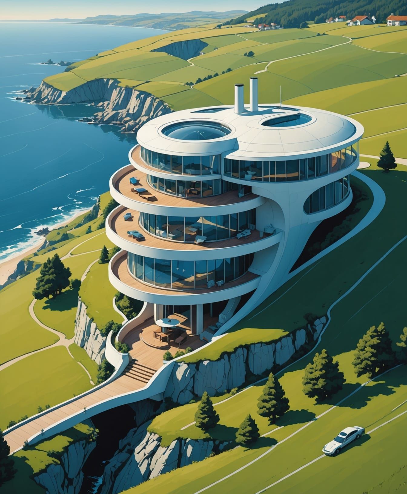 Futuristic Seaside Home in Moebius Style