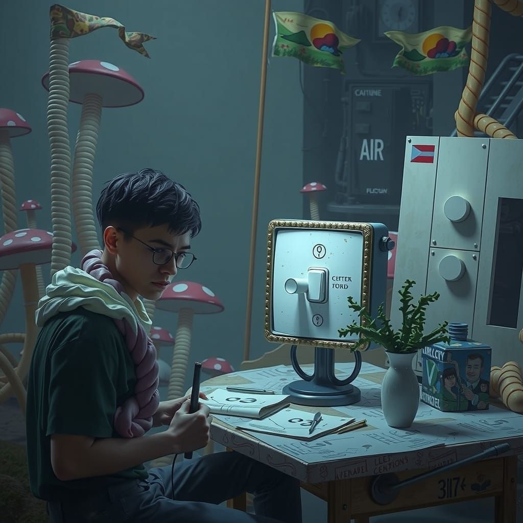 Surrealist Modernist Cabin Amidst Whimsical Landscape