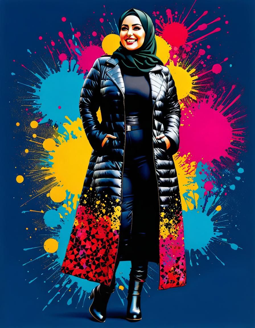 Confident Woman in Quilted Coat: Pop Art Portrait