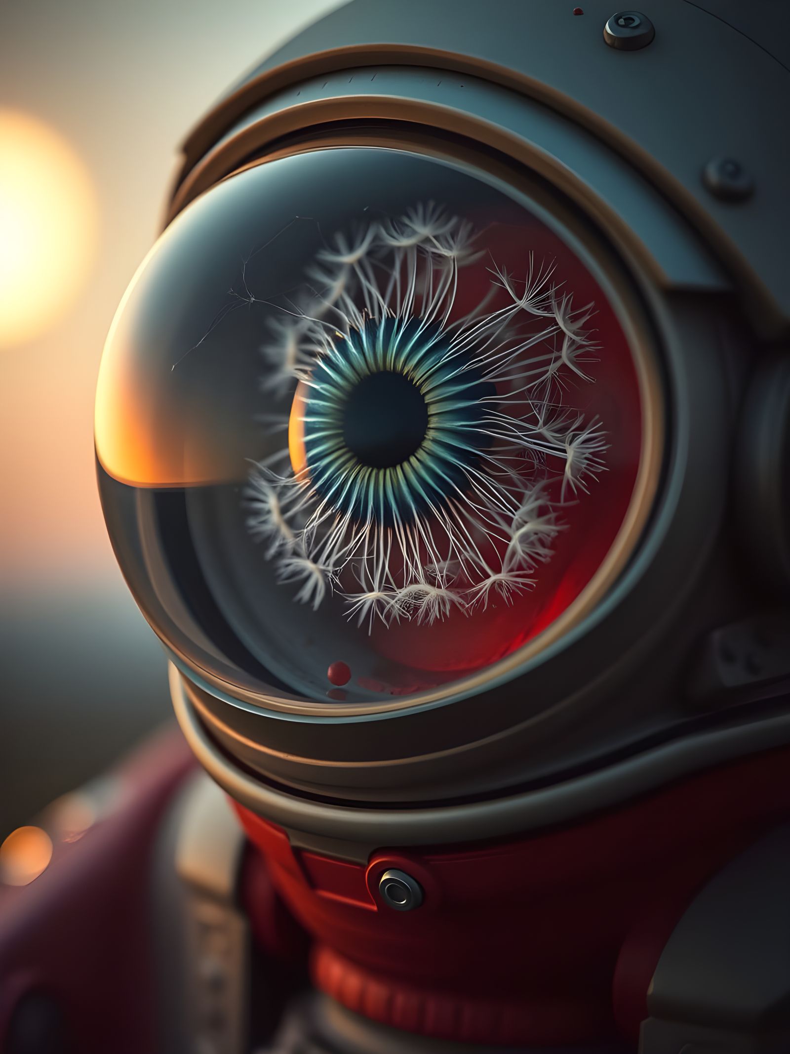 Steampunk Astronaut Amidst Dandelion Blooms in Lunar Landsca...