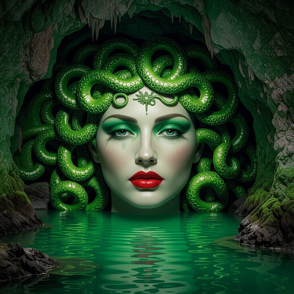 Hyperrealistic Medusa in a Green Cave