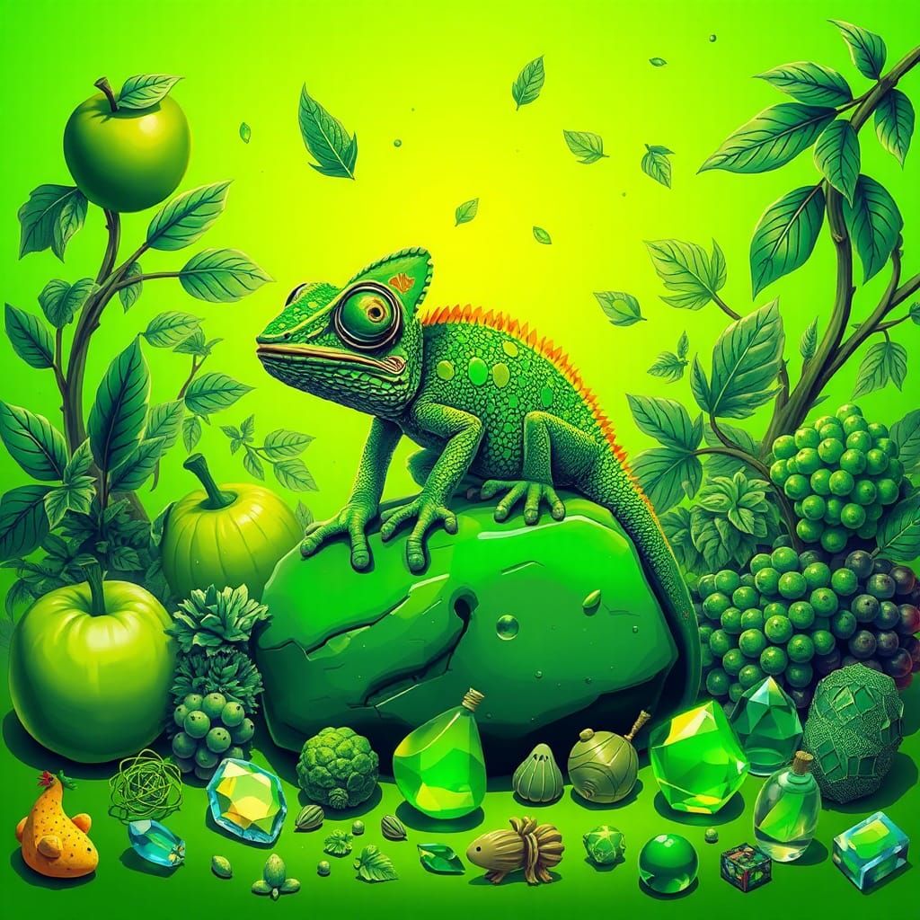 Green Chameleon's Whimsical Bioluminescent World