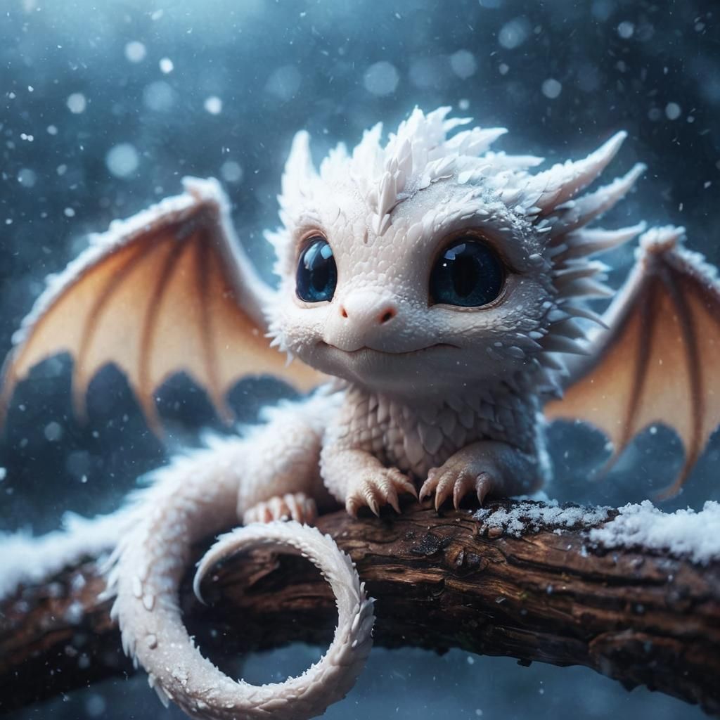 Adorable White Dragon on Snowy Branch: 3D Anime Art