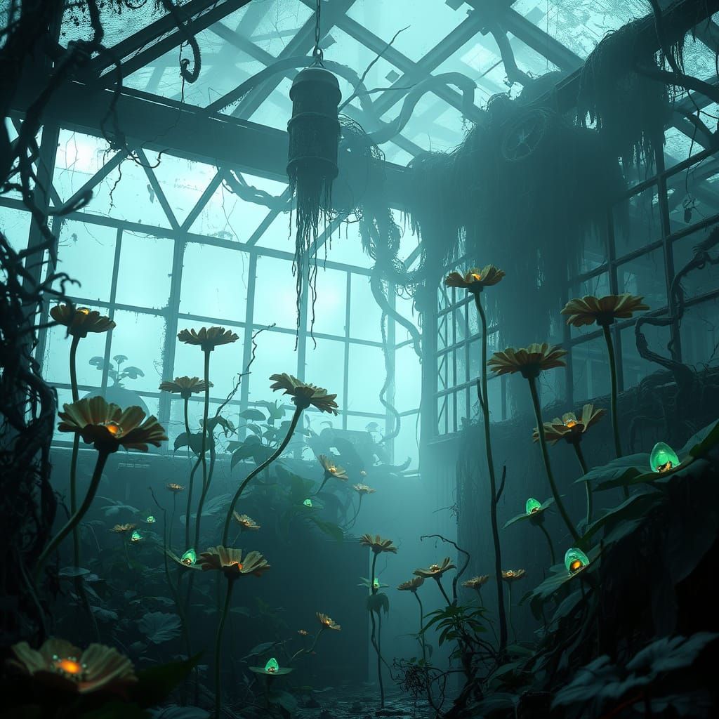 Eerie Overgrown Garden with Glowing Fungi