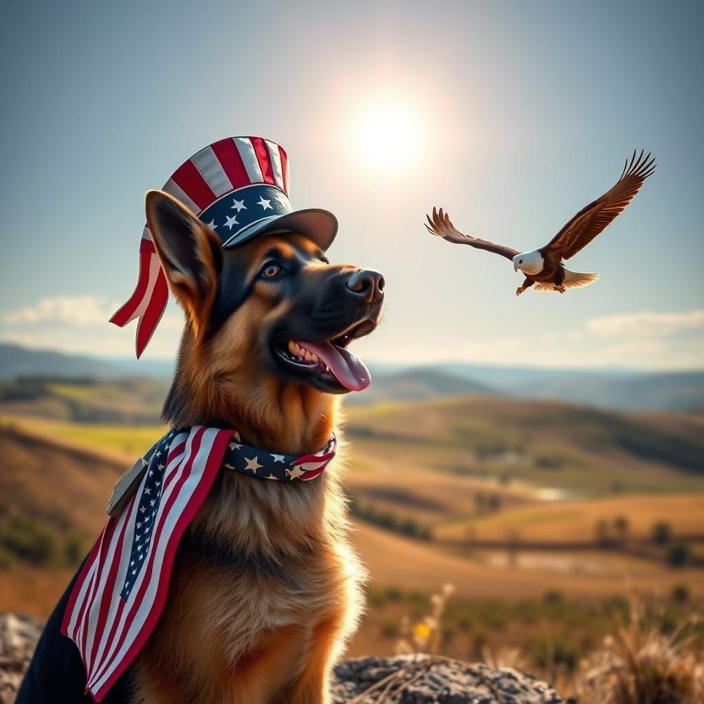 A patriotic German Shepherd, wearing a miniature, stylized m...