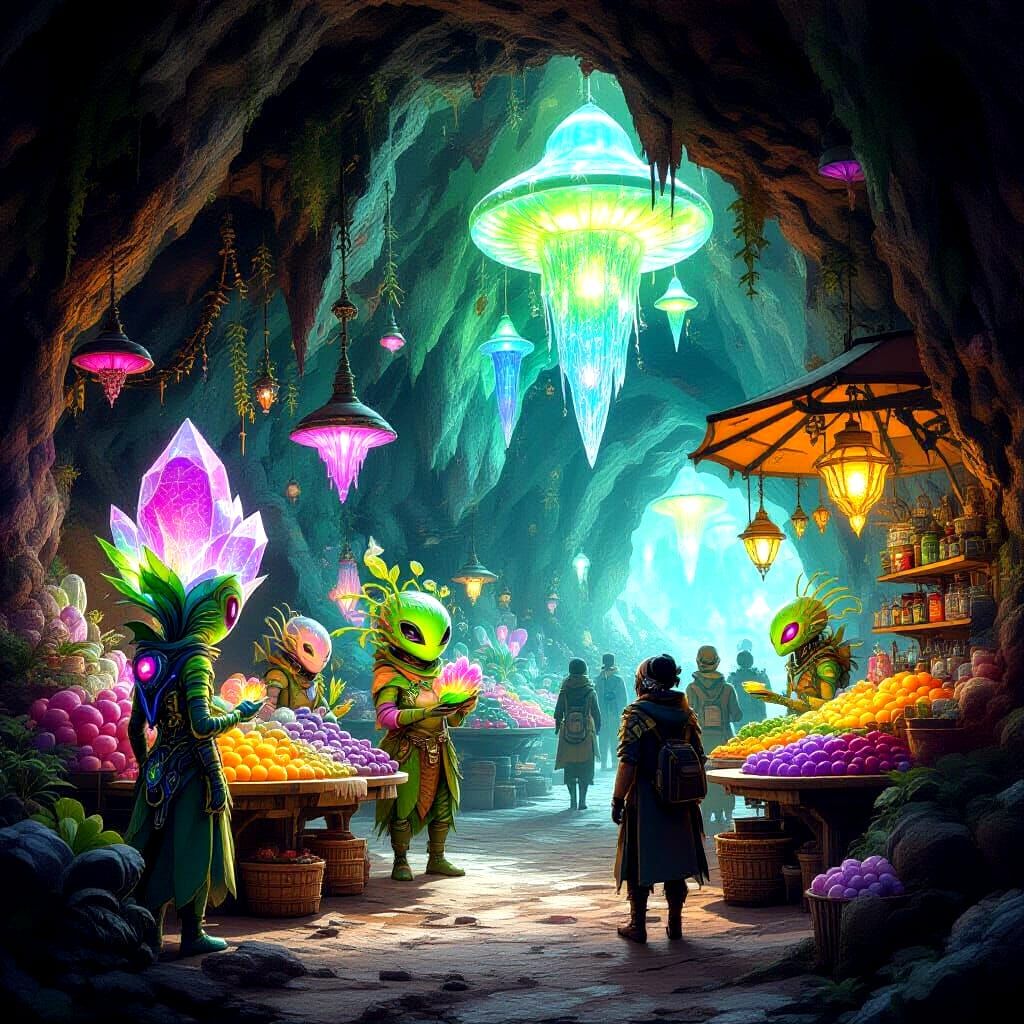 Vibrant Alien Market with Luminescent Produce