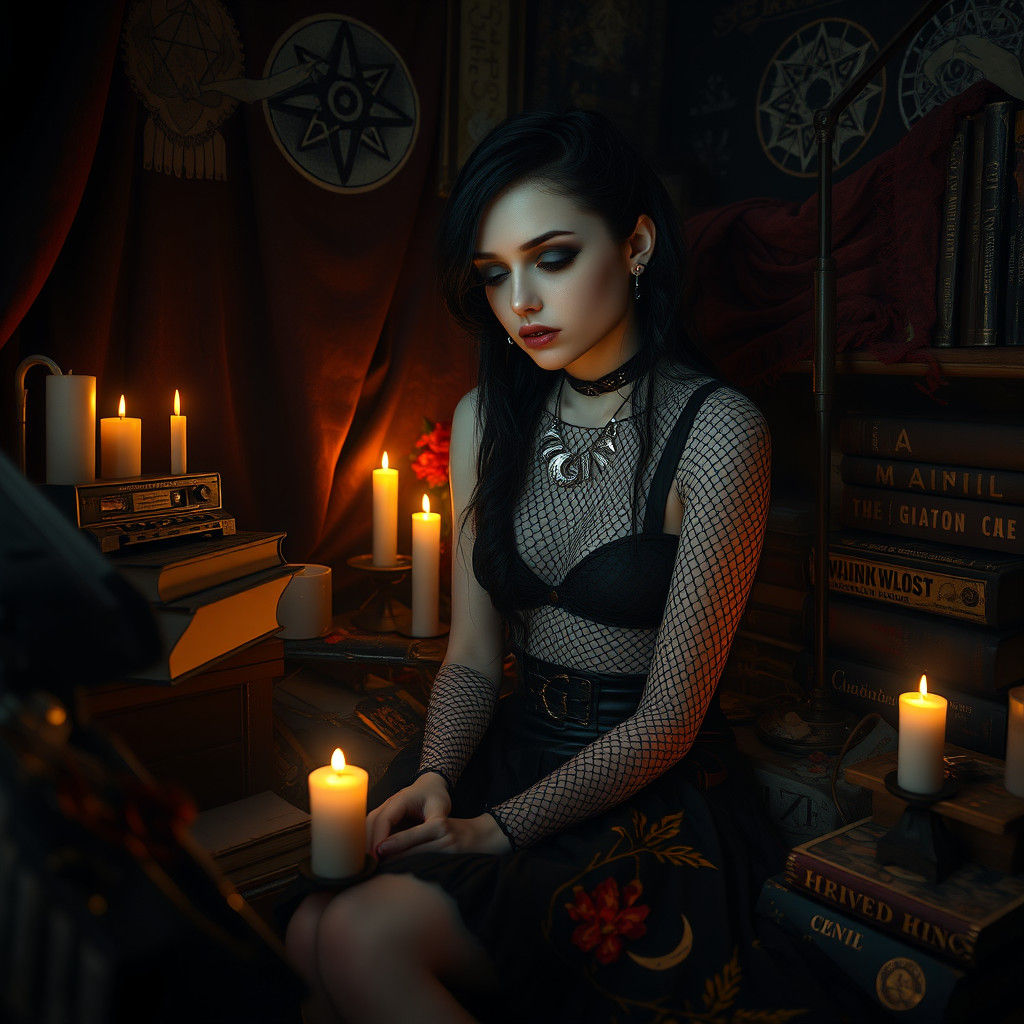 Goth Girl in Dimly Lit Room, Moody Art