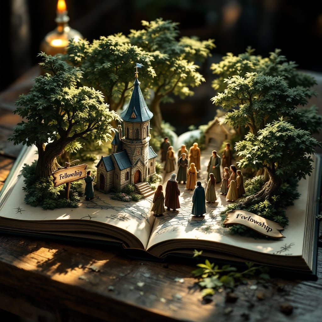 Rivendell Fellowship Pop-Up Book on Rustic Table