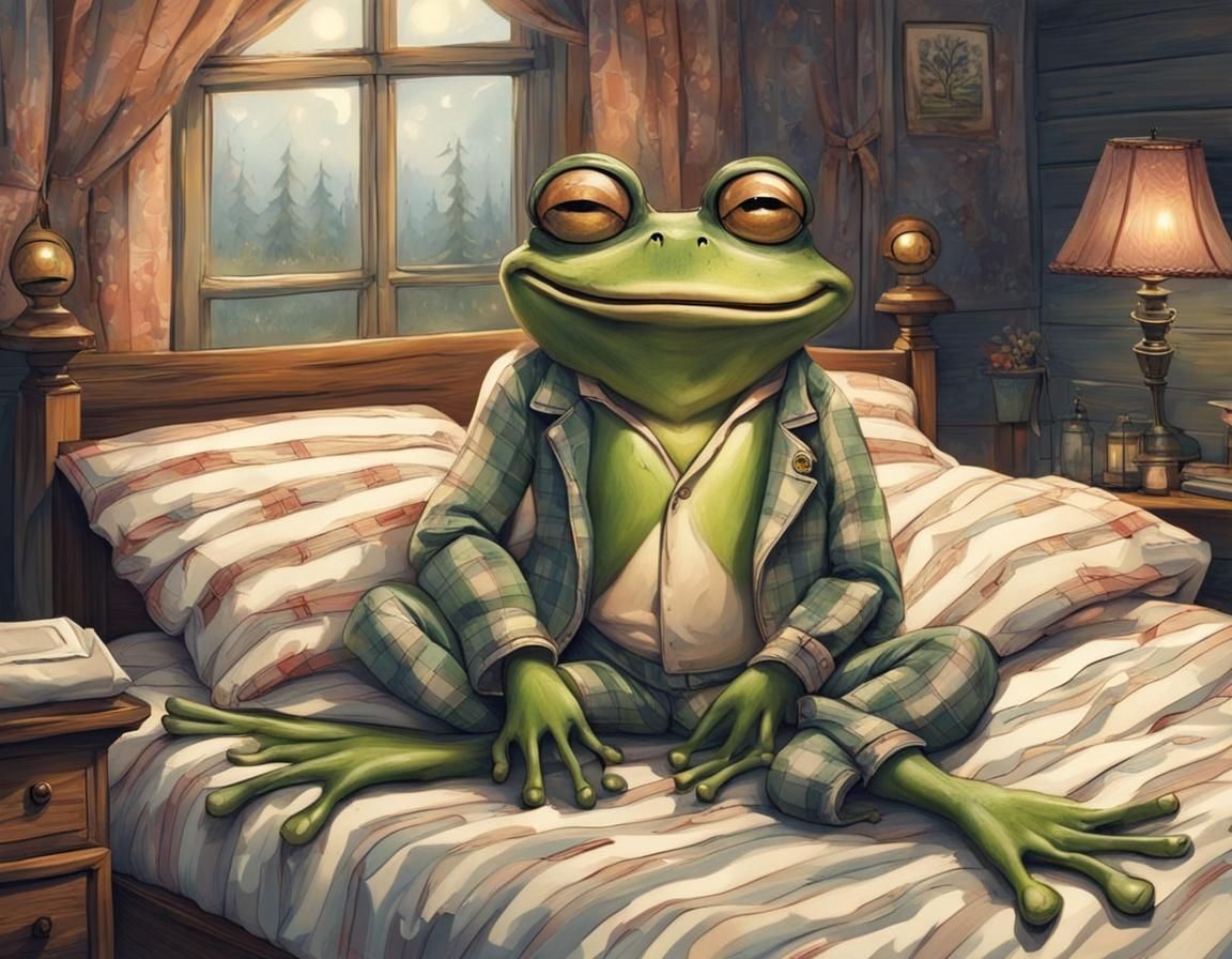 Frog in Pajamas Sleeping Peacefully in Cottage