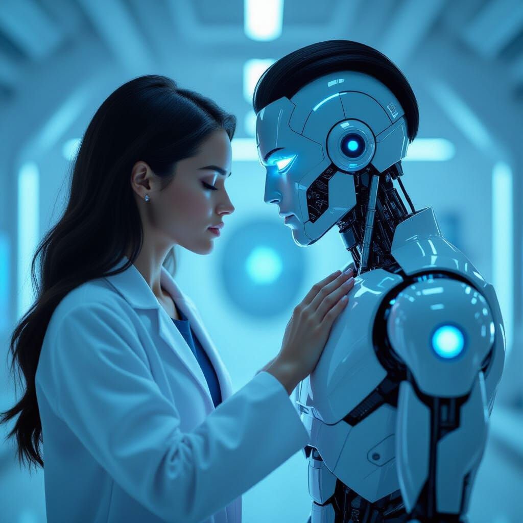 Woman Mind Melds with Android in Futuristic Lab