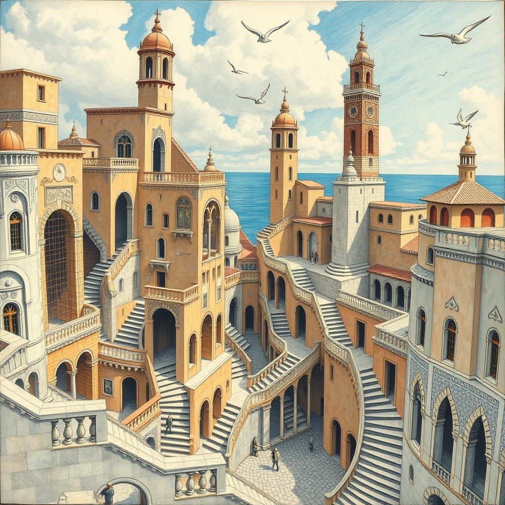 Surreal Seaside Metamorphosis in Escher's Iconic Style