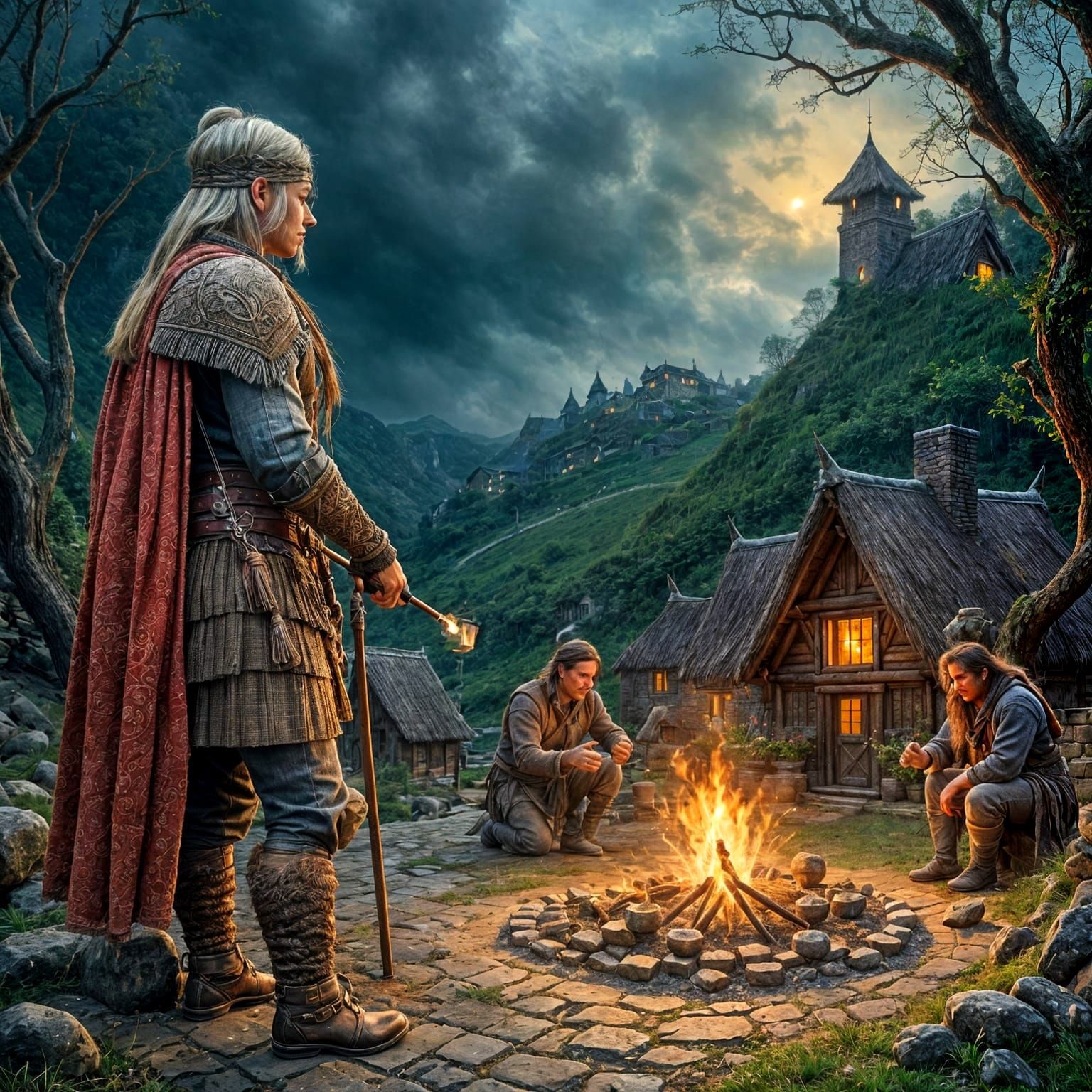 Celtic Village at Twilight in Grungy Oil Painting Style