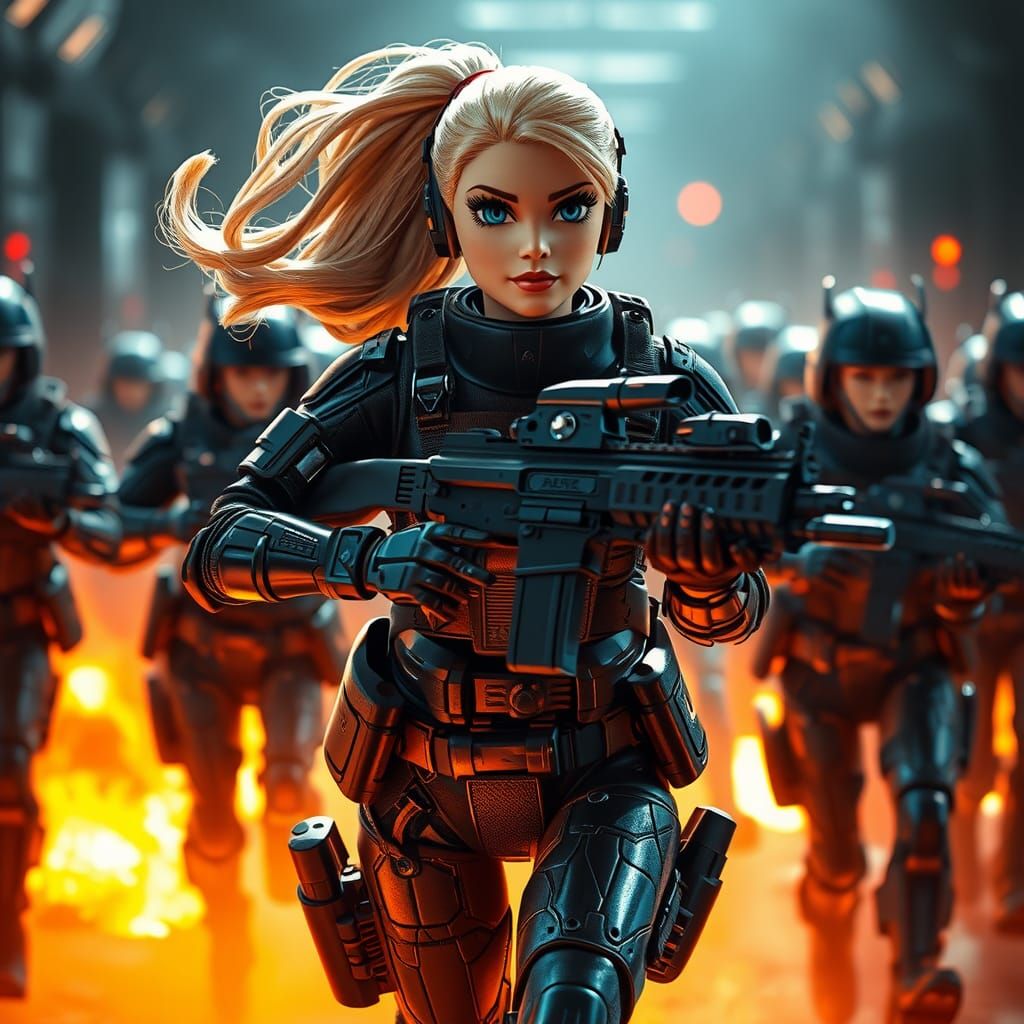 Futuristic Military Soldier Leading Armored Squad