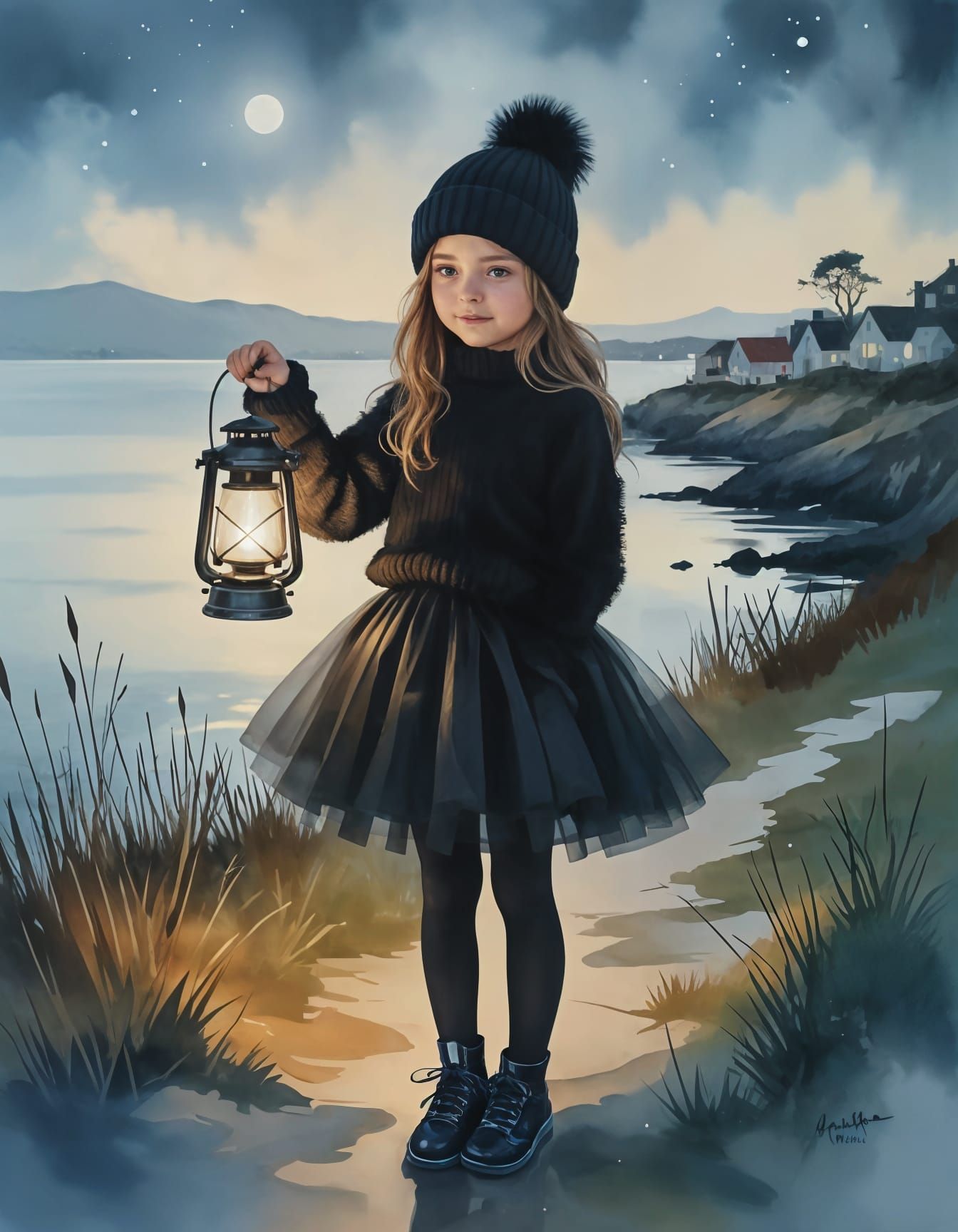 Girl with Lantern in Watercolor Bog Landscape
