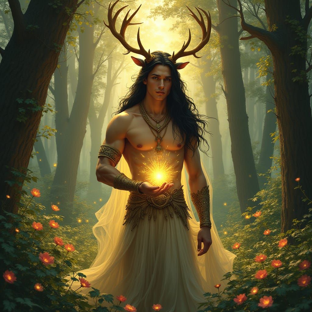 Forest God with Glowing Flowers in Art Nouveau Style