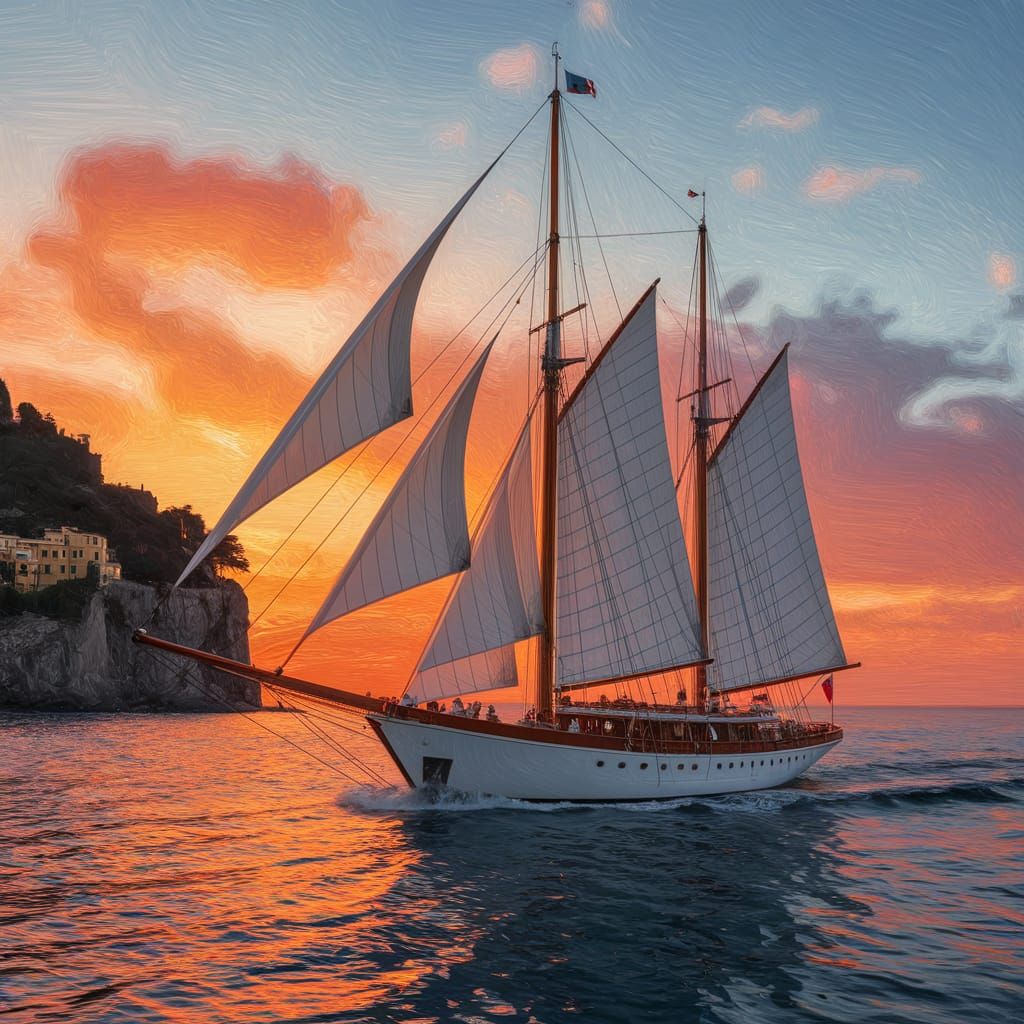 Sailing Yacht Off Cinque Terre Coast at Sunset