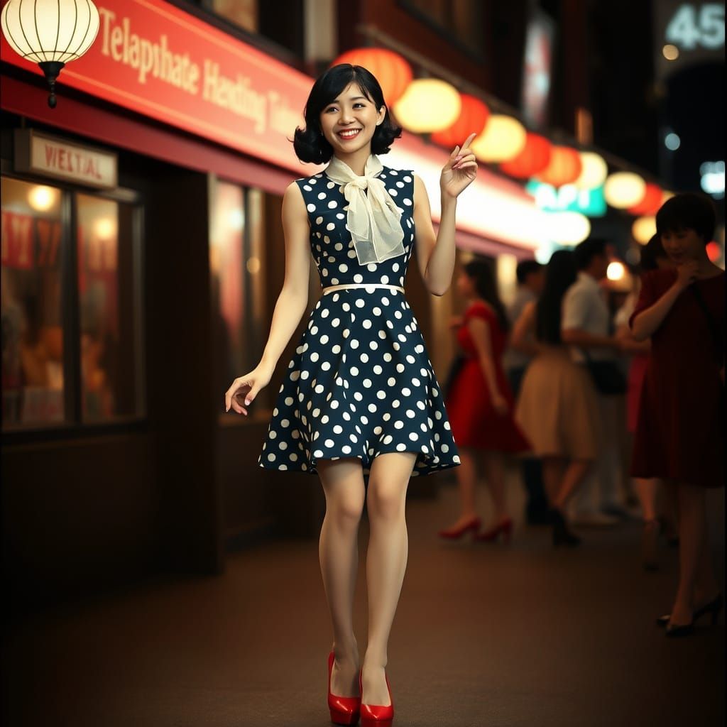 Japanese Woman in Polka-Dot Dress: Cinematic Film Still