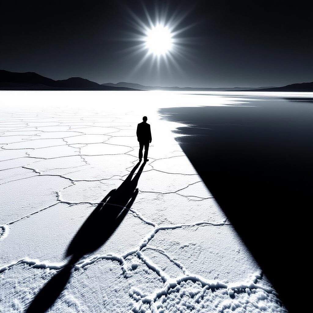 Solitary Man's Elongated Shadow on Salt Flat