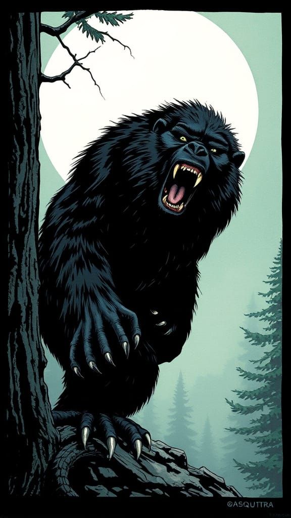 Vanta Black Fur Sasquatch in Horror Woodcut Style