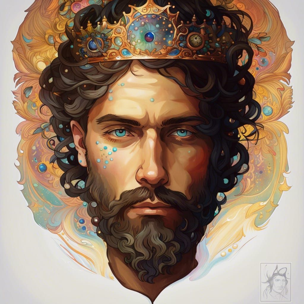 Bearded King with Crown in Art Nouveau Style