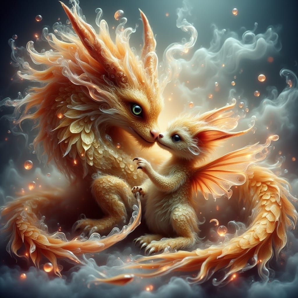 Golden Dragon Pup Playfully Tugs at Mother's Majestic Tail i...