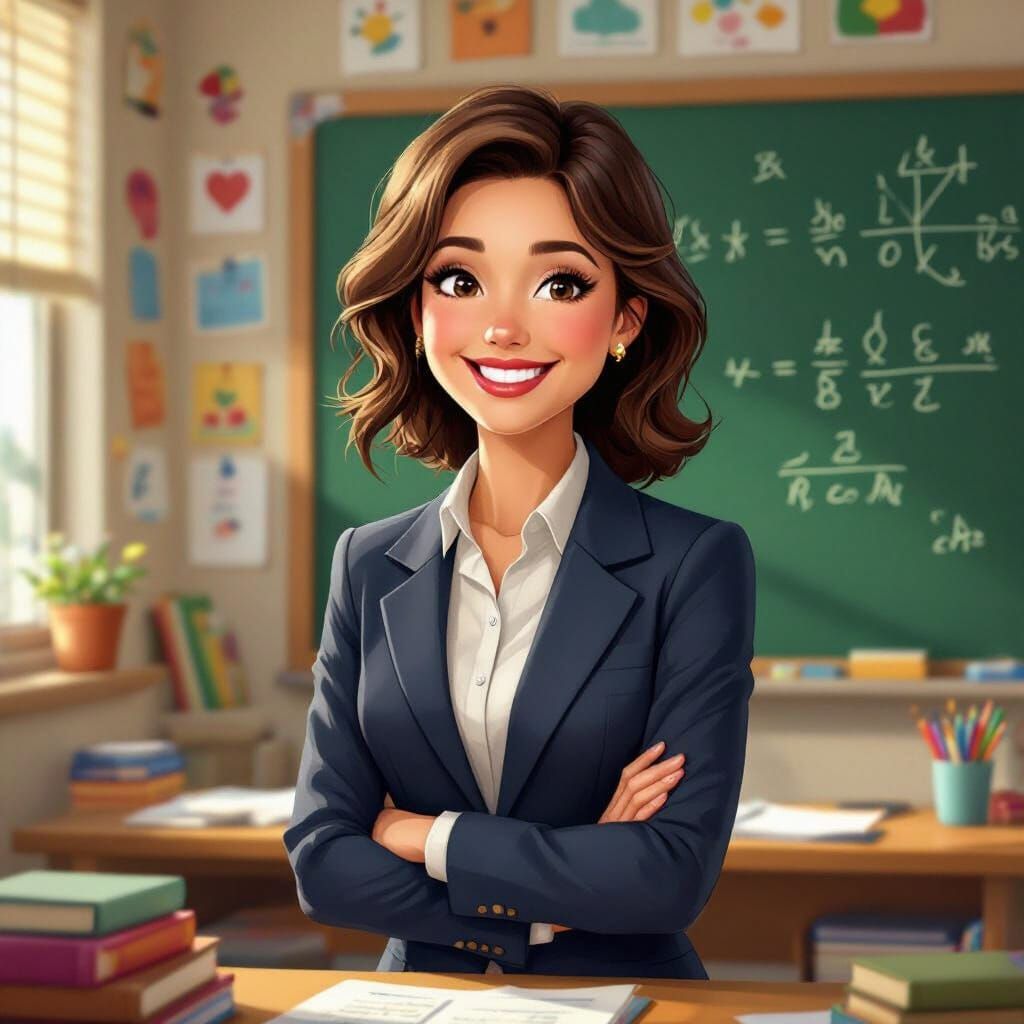 Warmly Smiling Teacher in Classroom, Rockwell Style