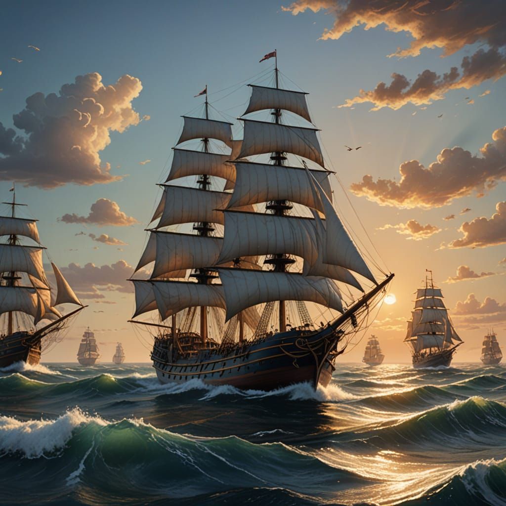 Majestic Ships Sail Across Golden Sunset Seascape in Realist...