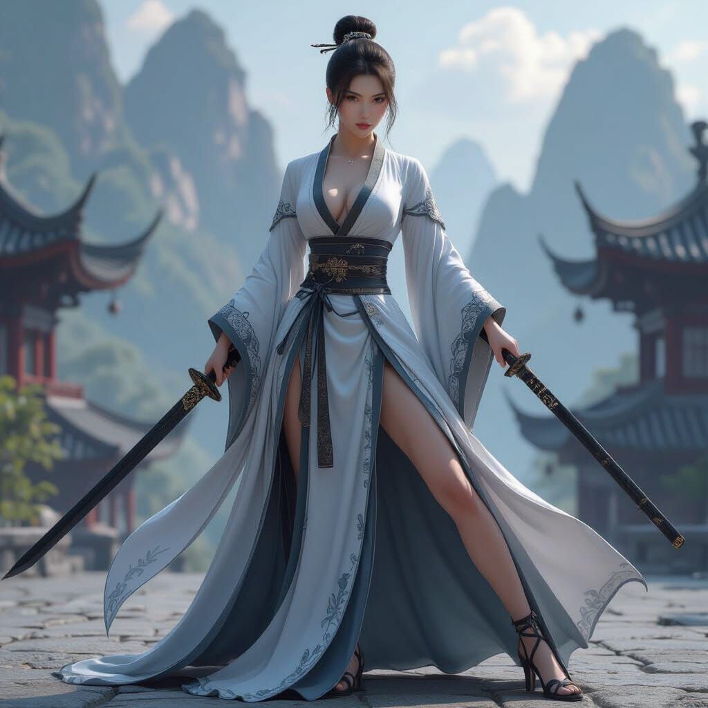Wuxia Warrior Woman in Hanfu with Jian Sword