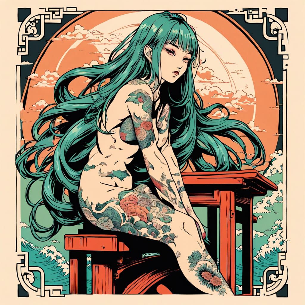 Surreal Woman in Woodblock Art Style with Curvy Figure and M...