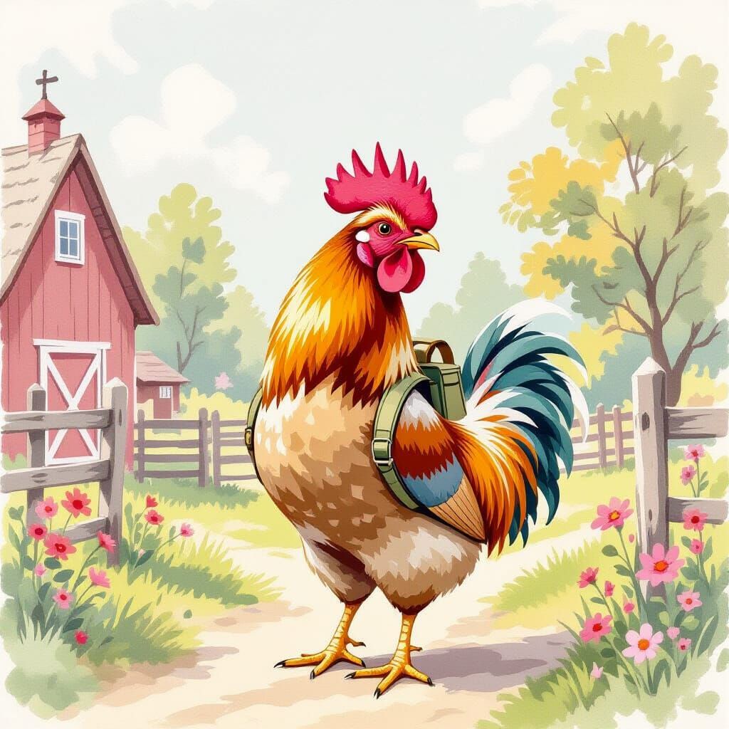 Rooster with Backpack in Pastel Chalk Style